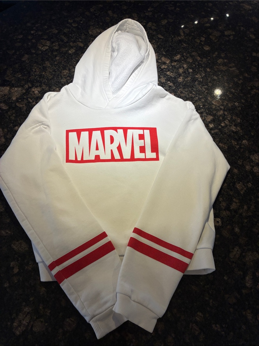 Marvel White Hoodie with Red Logo and Sleeve Stripes